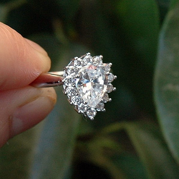 Sterling Silver Pear Cut Halo Ring Engagement ring - Picture 3 of 5